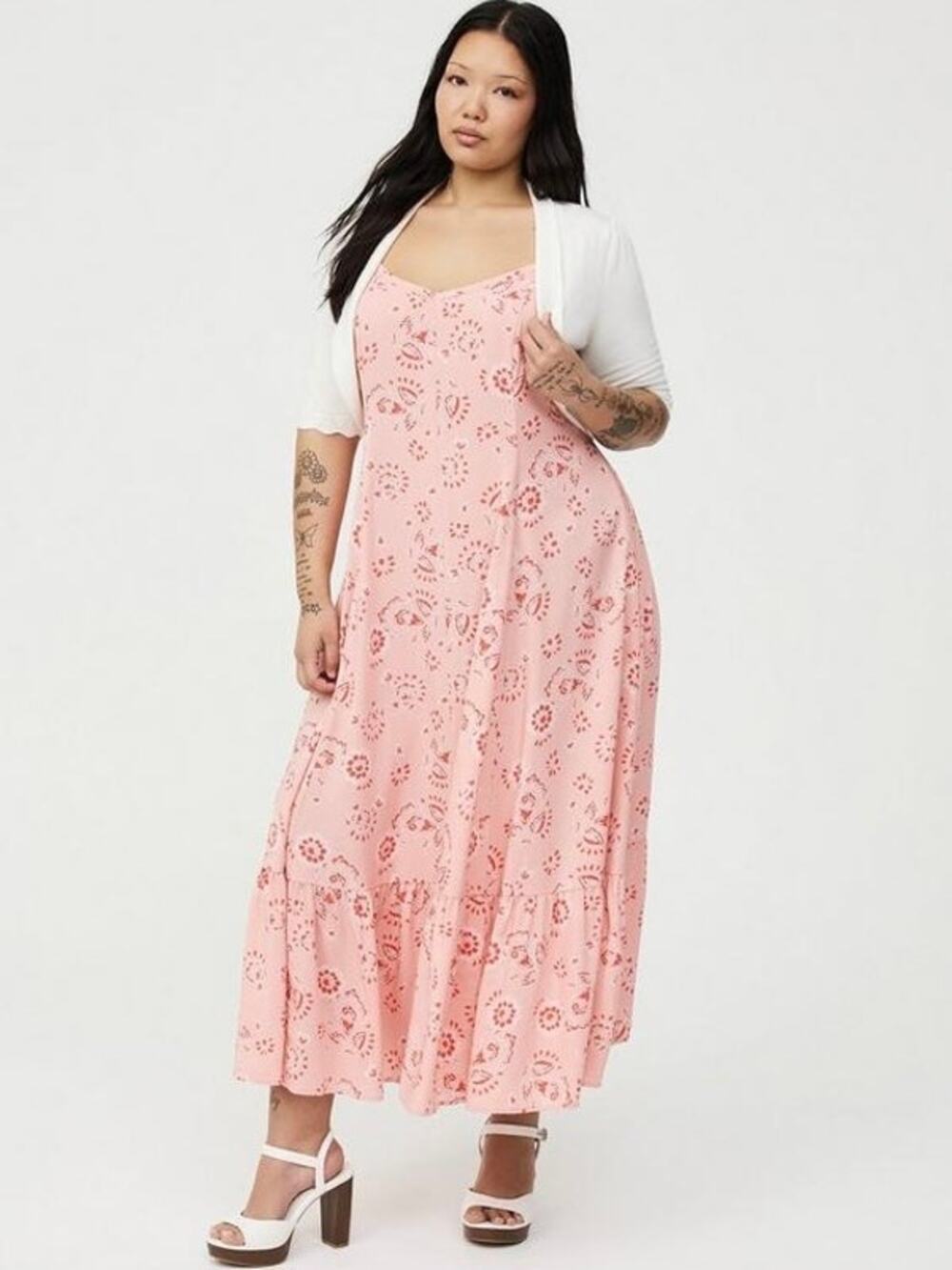 Torrid Peach Pink Challis Trapeze Tiered Maxi Dress Sz.4 NWT